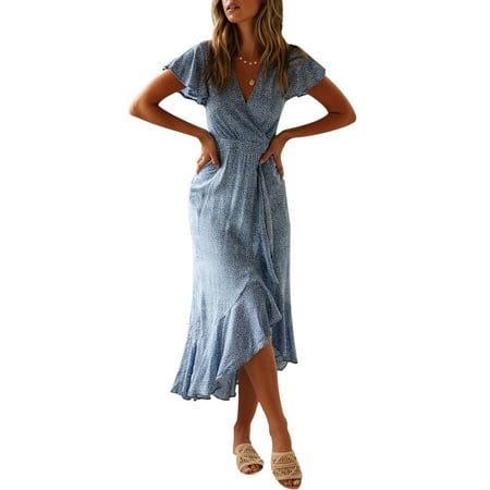 Boho Summer Short Sleeve Maxi Dress For Women Ladies Ruffled Irregular Hem Floral Print Holiday Party Beach Strap Long
