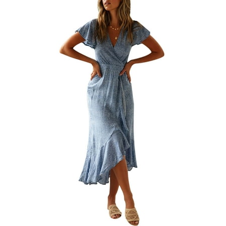 Ruffle Hem Slip Dress Boho Summer Short Sleeve Maxi Dress For Women Ladies Ruffled Irregular Hem Floral Print Holiday Party Beach Strap Long Sundress ()