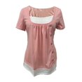 thumbnail image 2 of MORTTIC Women's Casual Colorblock Button Detail Short Sleeve T-Shirt – Loose Fit Crew Neck Summer Top for Everyday Wear, Pink, S, 2 of 6