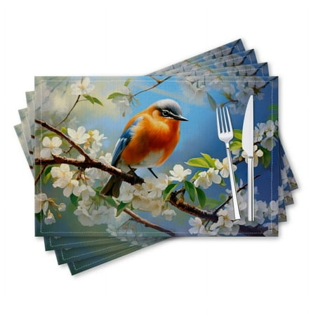 

BaHomeck placemats Set of 4 rectangle Linen Cotton Placemats for Dining Table Washable Heat Resistant 18*12inch Blue Bird Perched On Branch With White Blossoms