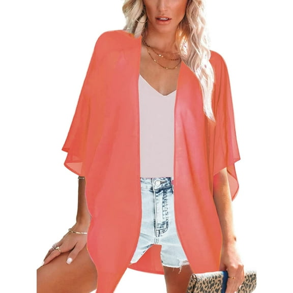 Cizayoi Women's Beach Kimono Sheer Chiffon Cover Ups Casual Loose Open Front Cardigan Tops
