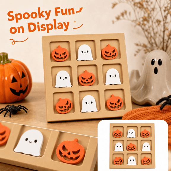 Halloween Tabletop Tic Tac Toe, Wooden Ghost Pumpkin Game Kit, Small Desktop Board Game, Spooky Holiday, Household Decor & Family Interactive Toy