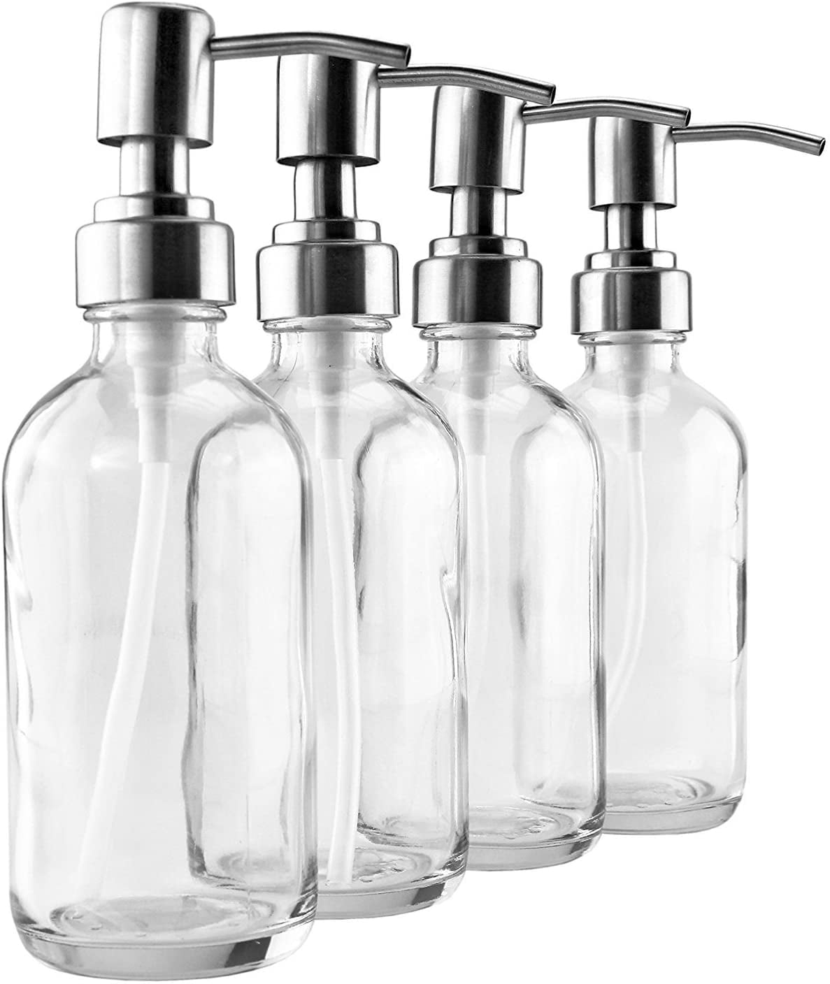 8 Ounce Clear Glass Boston Round Bottles & Stainless Steel Lotion Pumps (4-Pack; 8oz)