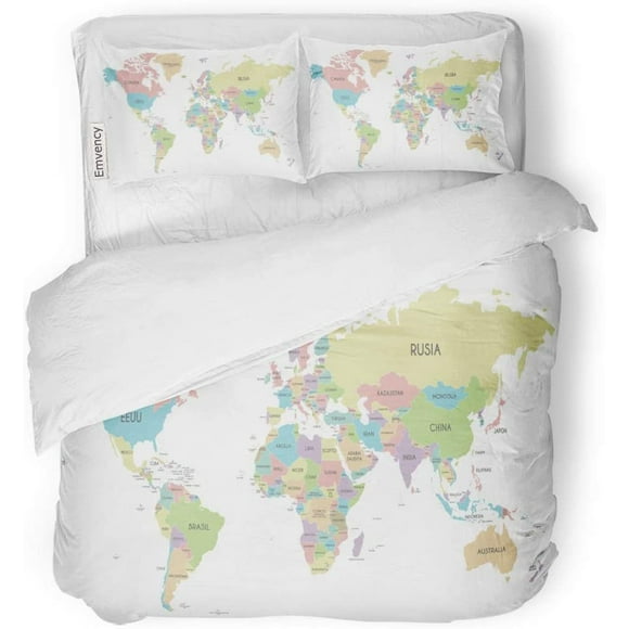 RYLABLUE 3 Piece Bedding Set Colorful Worldmap Political World Map Country Names in Spanish and Clearly Labeled Layers Twin Size Duvet Cover with 2 Pillowcase for Home Bedding Room Decoration