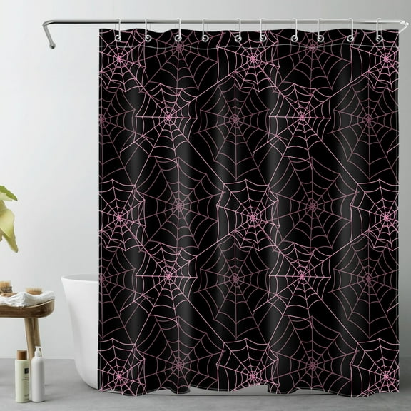 NEONWE Halloween Shower Curtain, Pink Spider Web on Black Background Gothic Bathroom Decor, Waterproof Polyester Fabric 72x60 Inch with Hooks