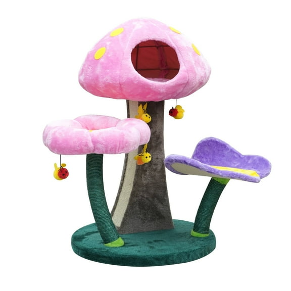 Catry Wonderland Pink Mushroom Flower Medium Cat Tree with Sisal Rope Scratching Post and Plush Perches