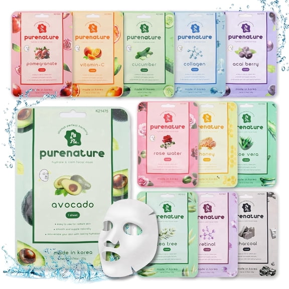 PB & JAY Purenature Korean Sheet Mask Variety Set — 1 of Each Face Masks with Ceramide Hyaluronic Acid, All 12 Scents (12 Count)