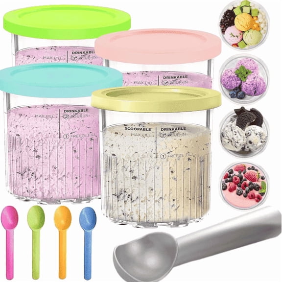 Ice Cream Storage Containers 4 Pack – Reusable Pint Containers with Lids & Insulated Sleeves, Compatible with Select Ice Cream Maker Models, Dishwasher Safe