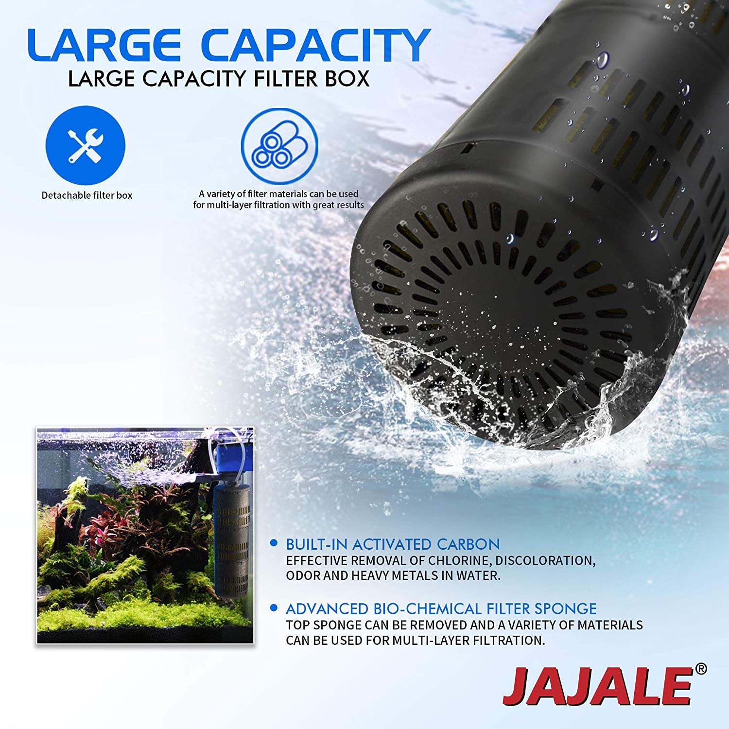 320 GPH Internal Filter Submersible Pump - 3 in 1 Aquarium Fish Tank with Oxygenation, Filtration & Water Cycling, 3.9 ft max lift, 20W