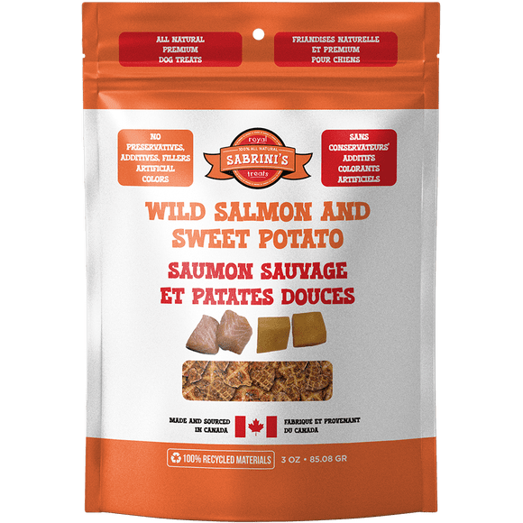 Sabrini's Royal Treats Saumon Sauvage et Patate Douce. Gâteries pour Chiens Tout Naturelles et Croquantes – 3 oz
