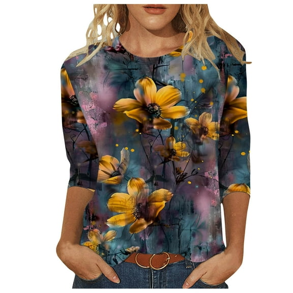 BangWanChi 3/4 Length Sleeve Womens Tops Women 3/4Sleeves Casual Shirts Pullover Loose Tunic Tops Print Blouse