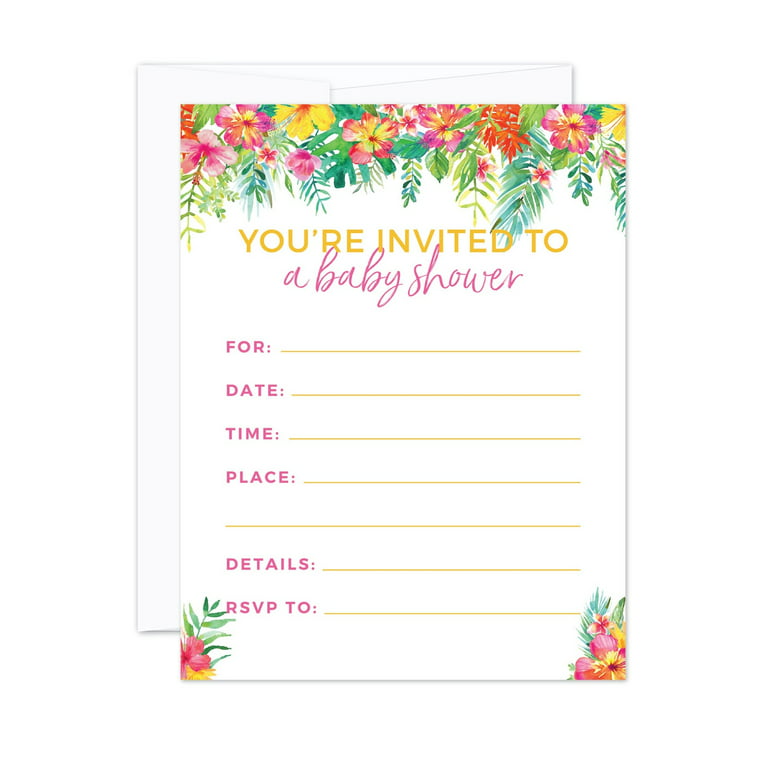 Tropical Floral Garden Party Baby Shower, Blank Invitations with Envelopes,  20-Pack, Games Activities and Decorations
