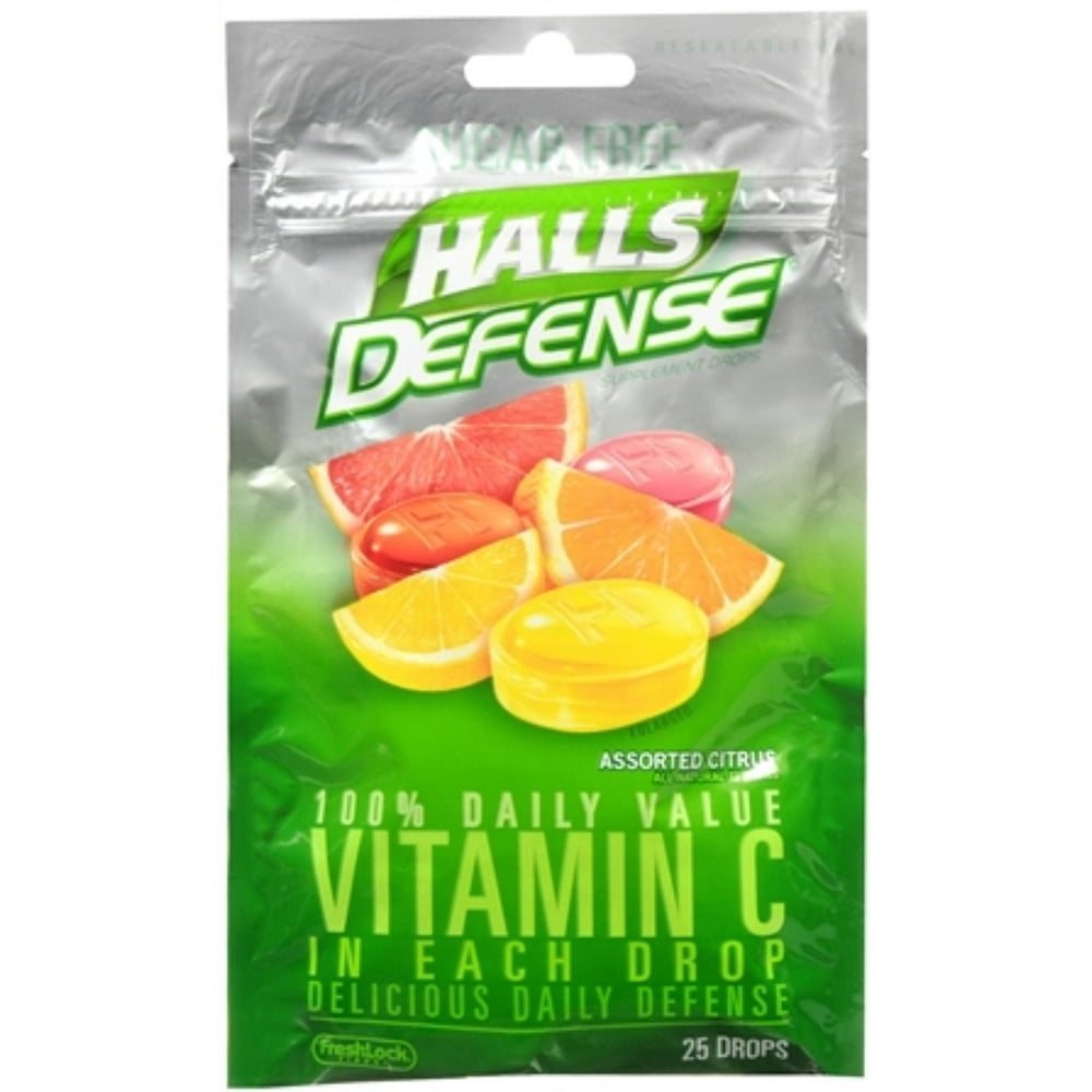 Halls Defense Vitamin C Drops Sugar Free Assorted Citrus 25 Each (Pack