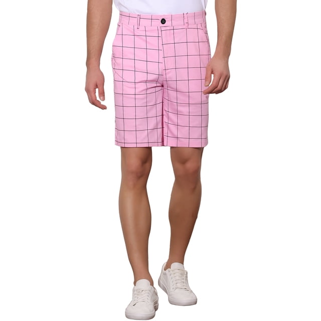 Pantalones cortos de cuadros para hombres Inspire Chic, ajuste regular, pantalones cortos de negocios, color rosa, talla 28