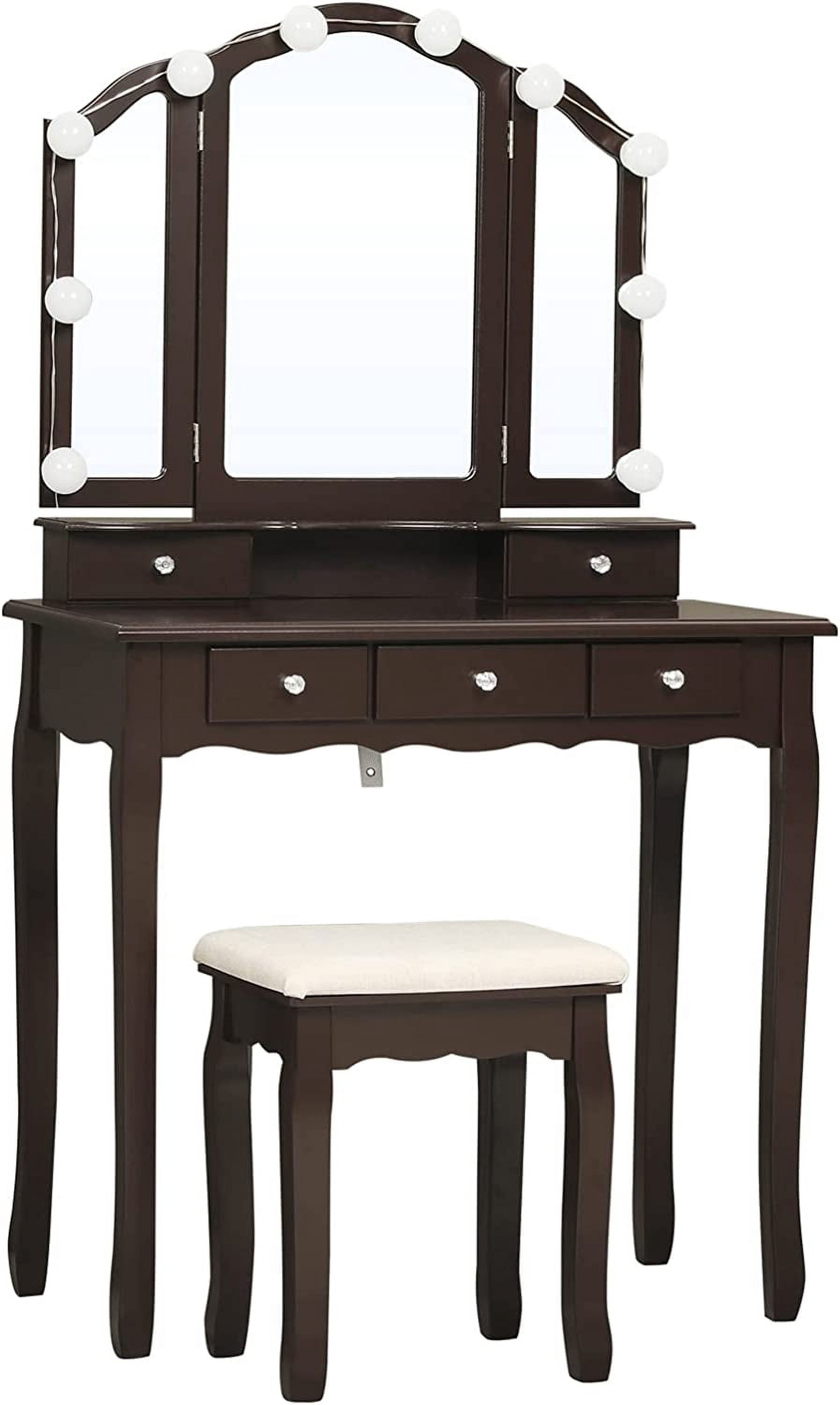 Afuhokles Vanity Table Set with Tri-Folding Mirror 10 LED Light 5 Drawers, Brown
