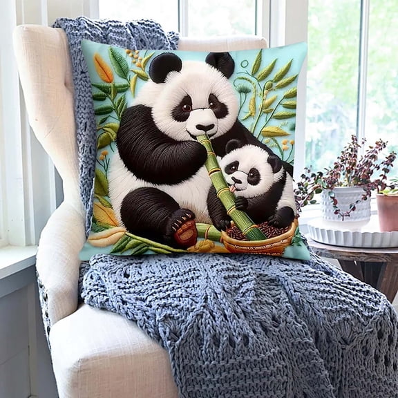 Litrail Winter Panda Pillowcase - Christmas Festive Cute Soft Fabric Decorative Cushion Cover, Standard Size for Sofa Bed Chair, Easy Install Holiday Home Decor Gift