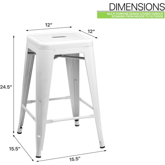 YEXJ 24 Inch Barstools Set of 2 Counter Height Metal Bar Stools, Stackable Bartool Indoor Outdoor Patio Bar Chair Dining Stool, White