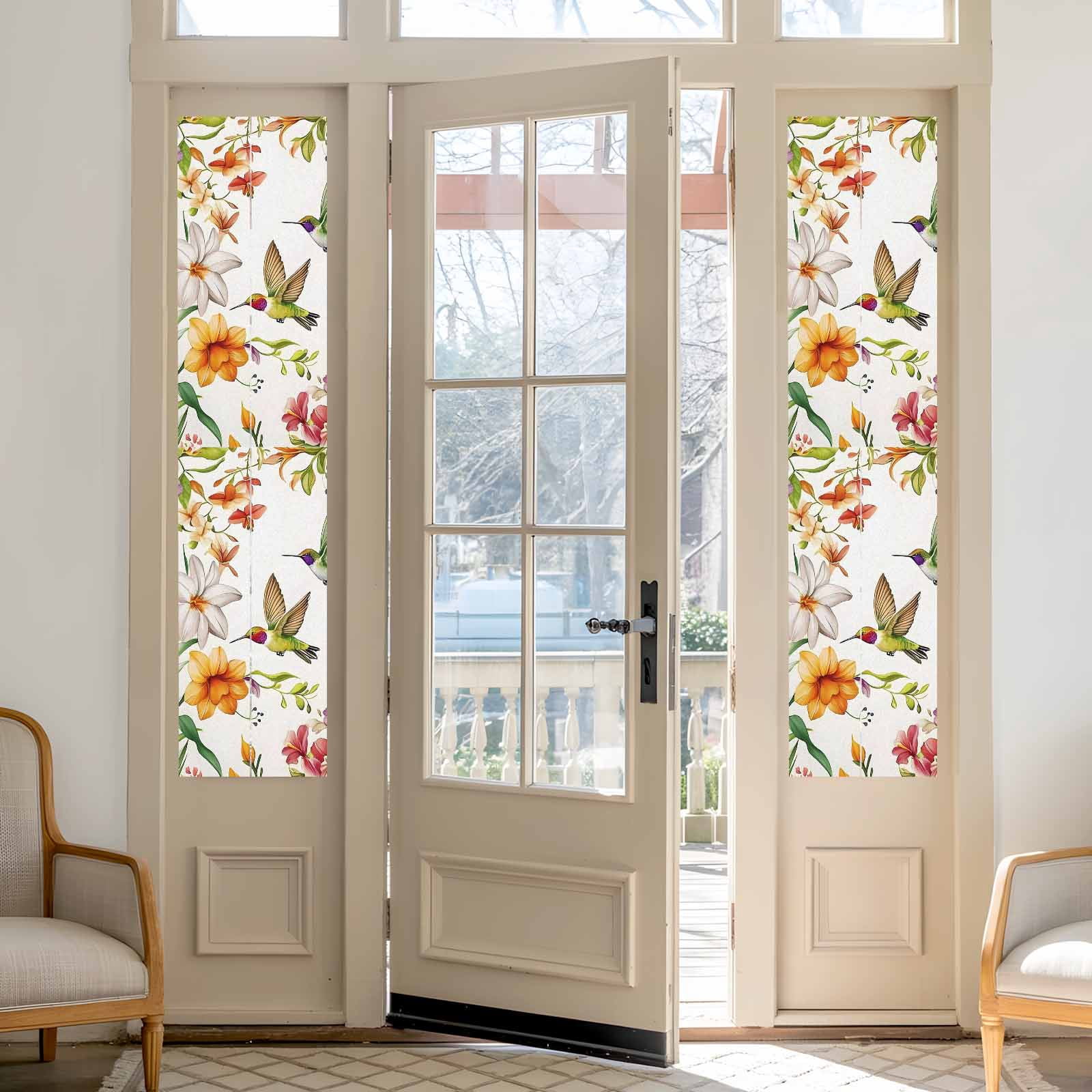 No Glue Heat Blocking Window Flims, Spring Floral Hummingbird Window Privacy Film Frosted, Pastoral Rustic Botanical Flowers Peep-proof Door Windows Tint for Bathroom, Dormitory, 17.7 x 78.7 Inches
