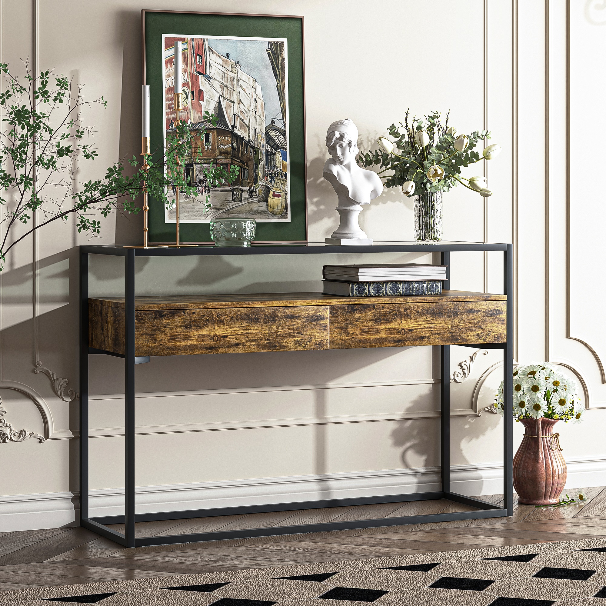 Kadyn Modern Console Table, Sofa Table with Drawers, Glass Entryway Table for Living Room, Brown