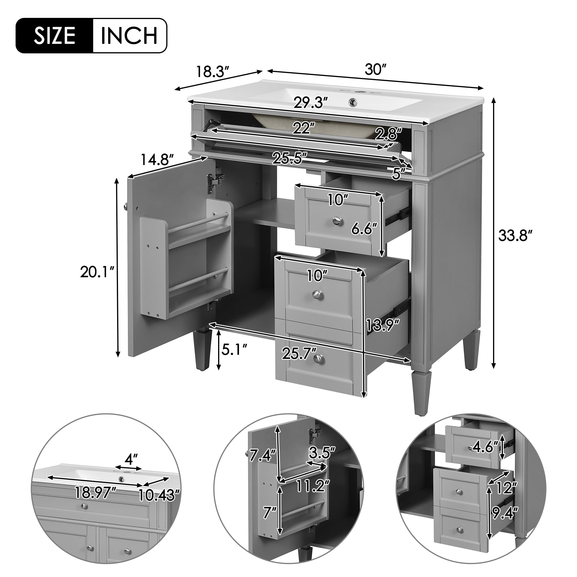30" Bathroom Vanity with Top Sink, Modern Bathroom Storage Cabinet with 2 Drawers and a Tip-out Drawer, Single Sink Bathroom Vanity