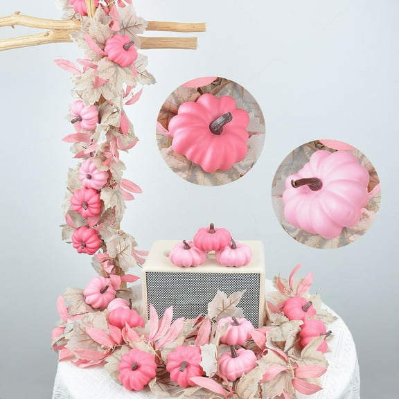 Pink Pumpkin Garland 68 Inch Halloween Decorations with Artificial Maple Leaf Vines, Thanksgiving Fall Hanging Garlands for Mantle Fireplace Porch Wall Table Tree Party Holiday Home Decor