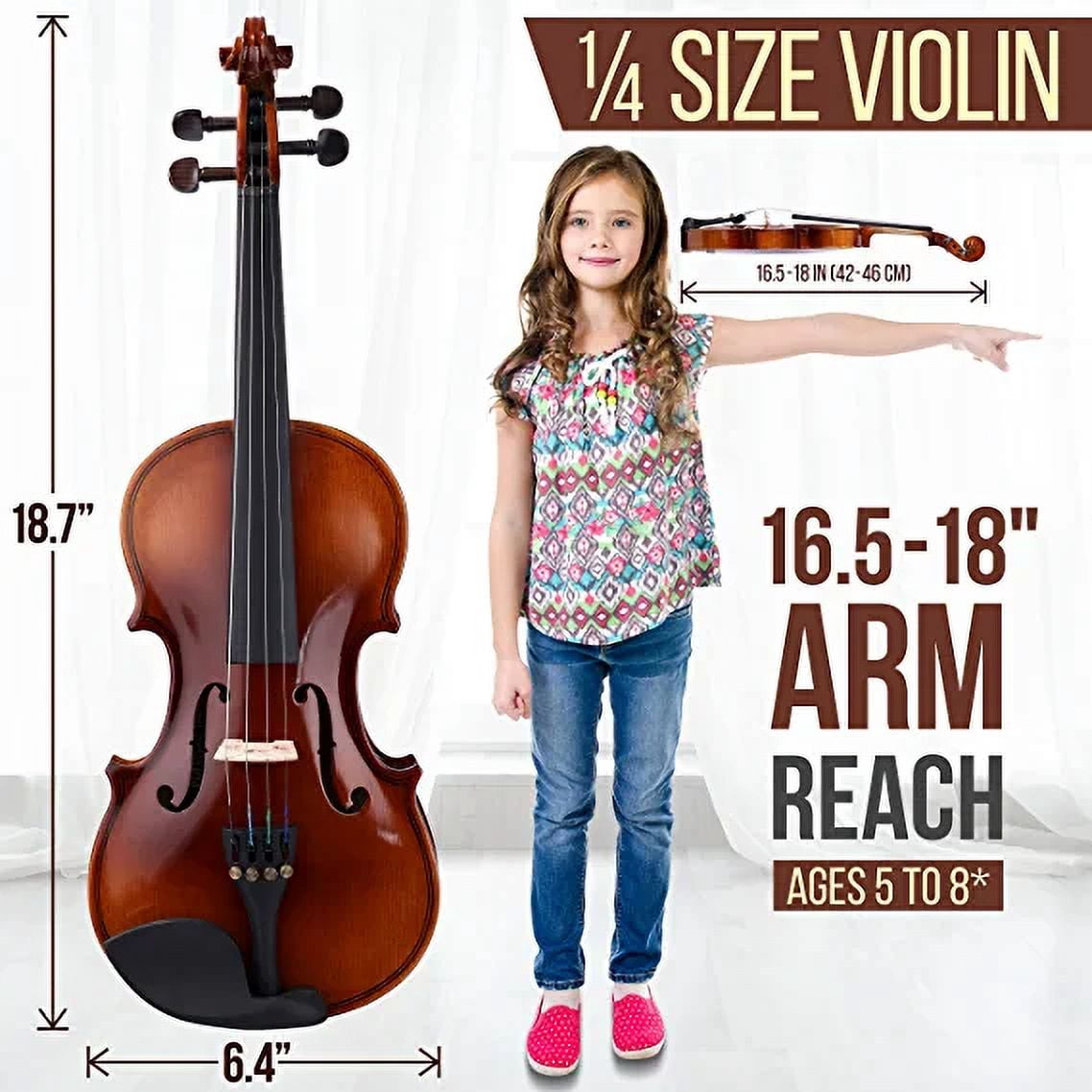 PyleUsa Quarter Size Violin Set For Beginners and Kids, 1/4 18.7” Student Grade Fiddle Hard Practice Case, Rosin, Bow, Digital Tuner, Strings, Shoulder Rest (PGVILN14)