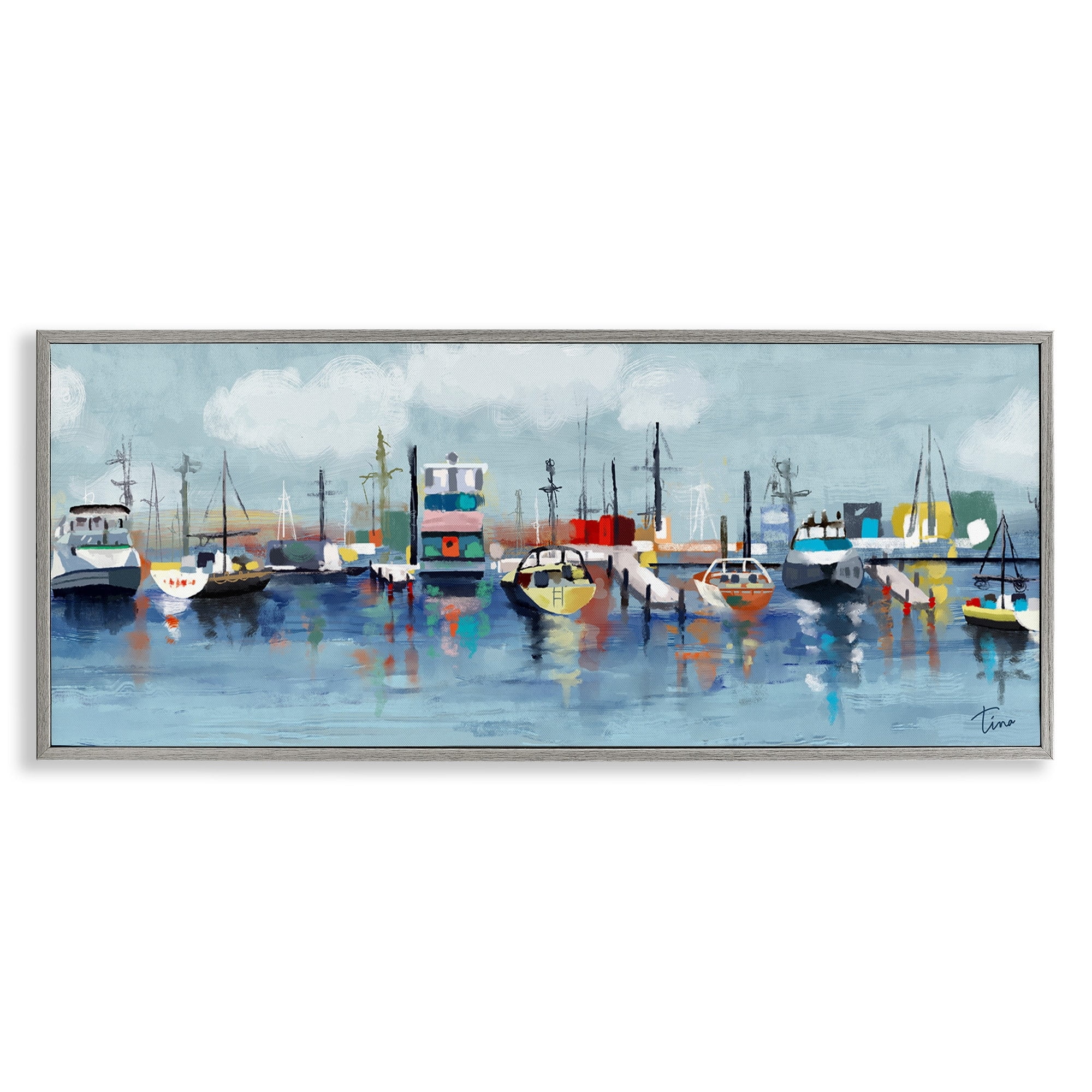 Stupell Industries Varied Boats Docked Port Marina Ocean Landscape Painting Gray Framed Art Print Wall Art, Design by Tina Finn