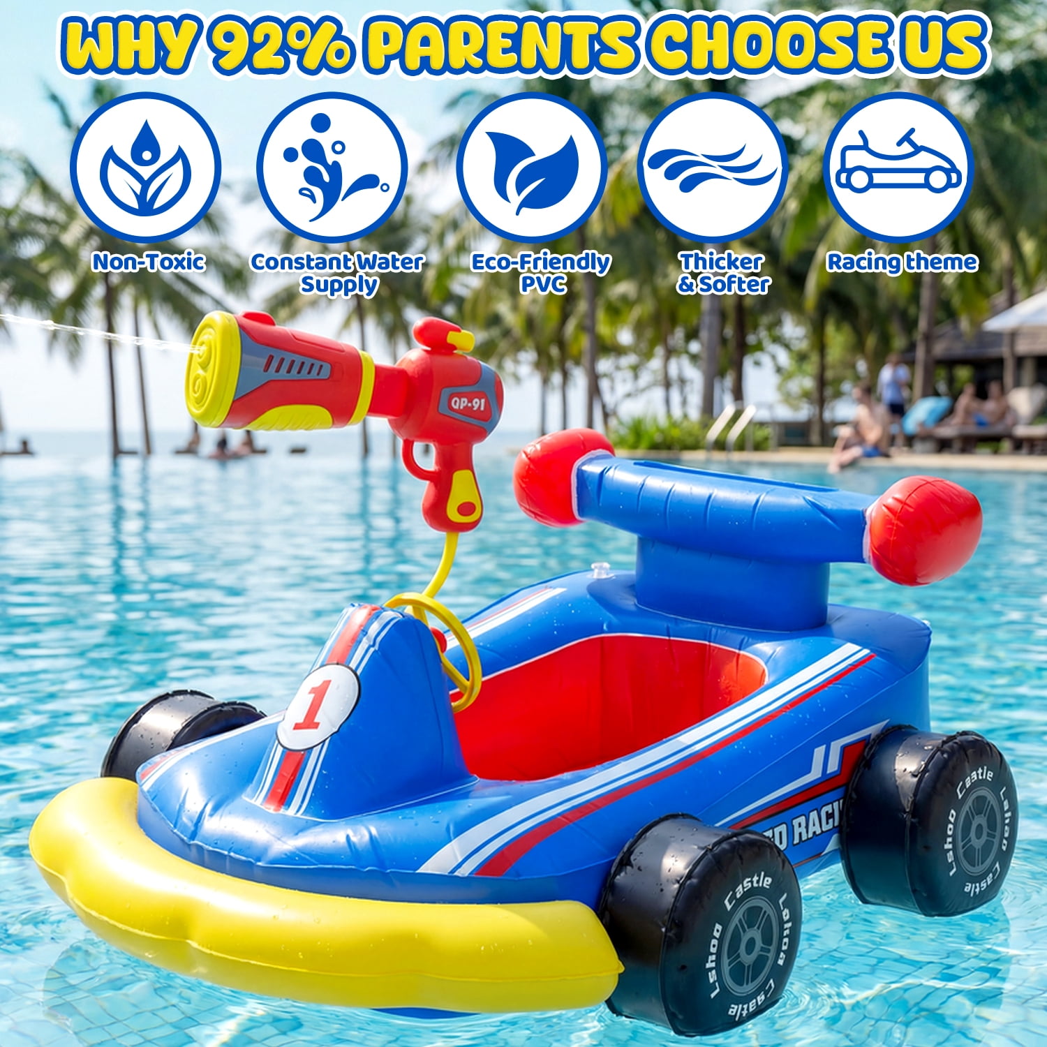 Pool Floats for Kids, Toddler Floaties with Water Blaster, Inflatable Ride-on for Boys Girls Age 3-8, Swimming Pool Toys, Outdoor Games, Water Toys