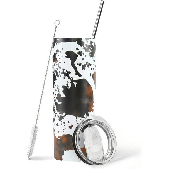 Cow Print Skinny Tumbler With Lid and Straw - 20 oz Insulated Stainless Steel Travel - Cup Cow Stuff Accessories Decor - Double Wall Coffee Mug - Birthday Gifts for Mom, Sister, Friends, Women