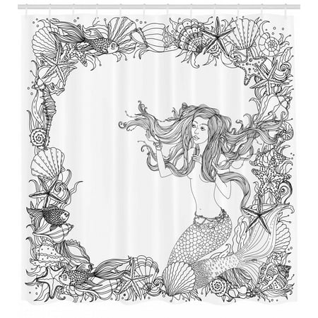 Coral And Gray Shower Curtain Mermaid Shower Curtain, Mermaid in Artsy Seashells Starfish Coral Reef Frame Ancient Culture Myth Artwork, Fabric Bathroom Set with Hooks, Grey White, by Ambesonne ()
