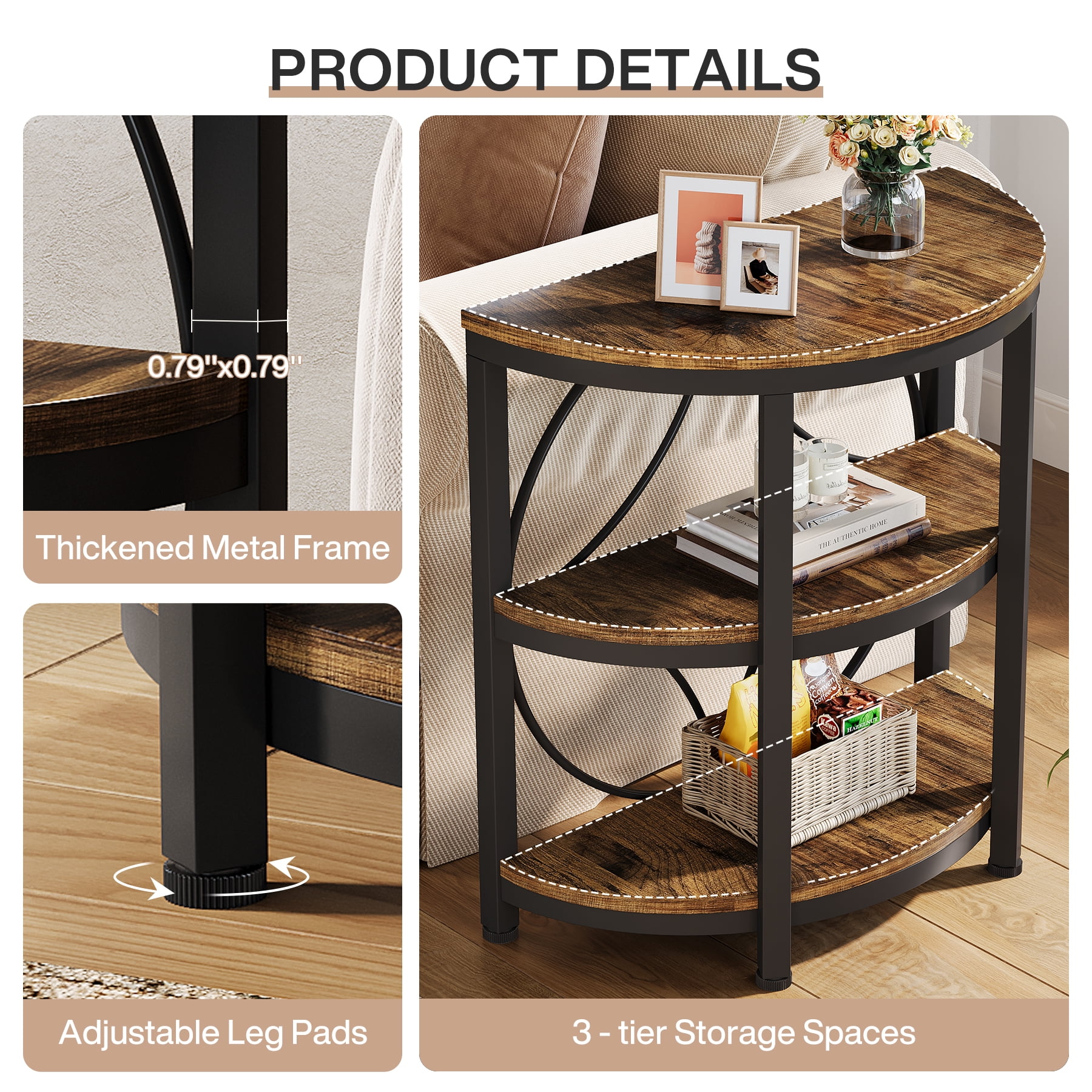 Fnova Farmhouse Half-Moon End Table, 3-Tier Storage Wood Side Table with Metal Frame, Modern Bedside Table, Narrow Sofa Table for Living Room Bedroom, Easy Assembly, Vintage Brown