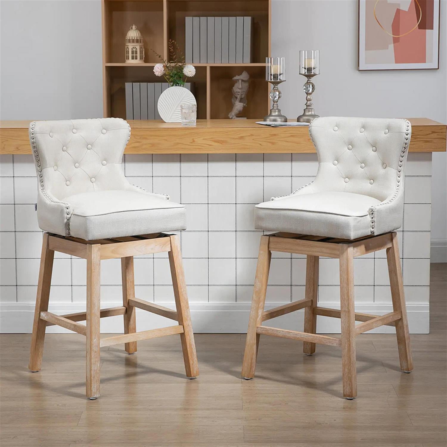 Demi Bonn Modern Memory Swivel Bar Stool Set of 4, Cushioned Bar 30" Seat Height Stool with Tufted Back, Nailhead-Trim and Solid Wood Legs, White