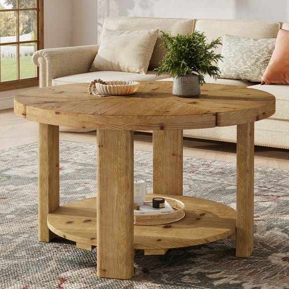 Finmind  Round Coffee Table, 31.5" Farmhouse Solid Wood Coffee Table with Storage
