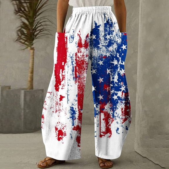 Lilgiuy 4th of July Pants for Women Casual Printing Pockets Elastic Mid-Waist Comfortable Wide-Legged Loose Independence Day Pants for Hiking Biker Golf