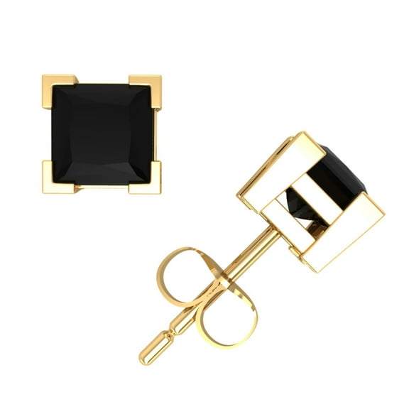 1.00Ct Princess Cut Black Diamond Solitaire Stud Earrings 14k Yellow Gold V-Prong I1