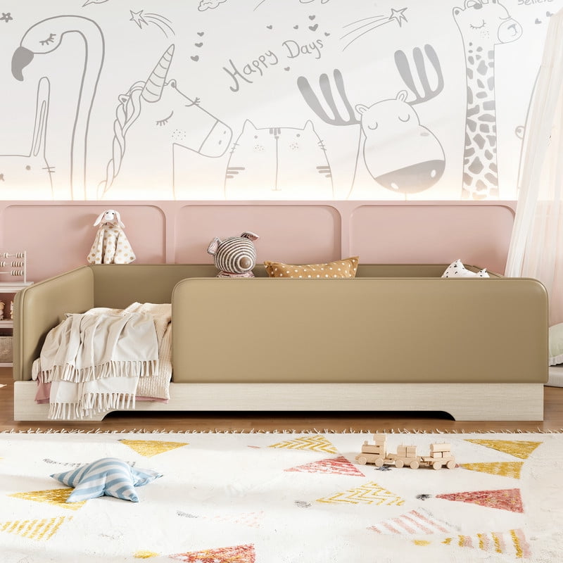 Full Size Faux Leather Upholstered Floor Bed, Kids Montessori Bed Frame with Removable Guardrail, Low Profile Platform Bed