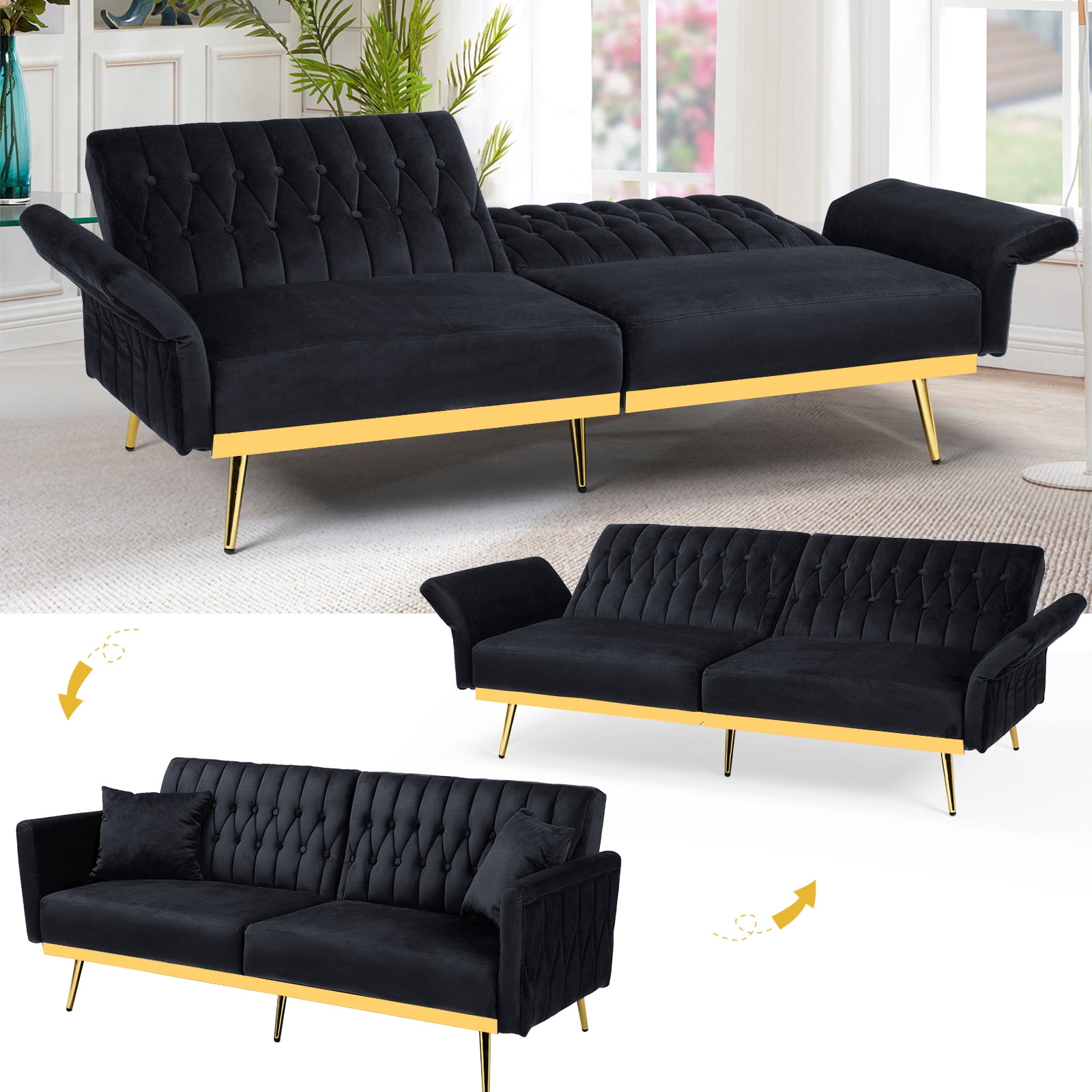 ACMEASE 70” Velvet Futon Sofa Bed with Adjustable Armrests and 2 Pillows, Convertible Futon Couch, Black