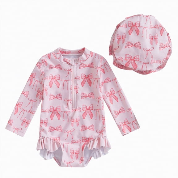 Gubotare Infant Baby Girl Bathing Suit Baby Girls Swimsuit Infant Bathing Suit with Hat Zipper Long Sleeve One-Piece Rash Guard Swimwear for Girl 12 18 Months (Light Pink,12-18 Months)