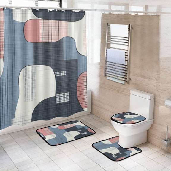 4-Piece Bathroom Set with Waterproof Shower Curtain with Non-Slip Bath Mat, U-Shaped Mat & Toilet Lid Cover Blue and Pink Large Shapes
