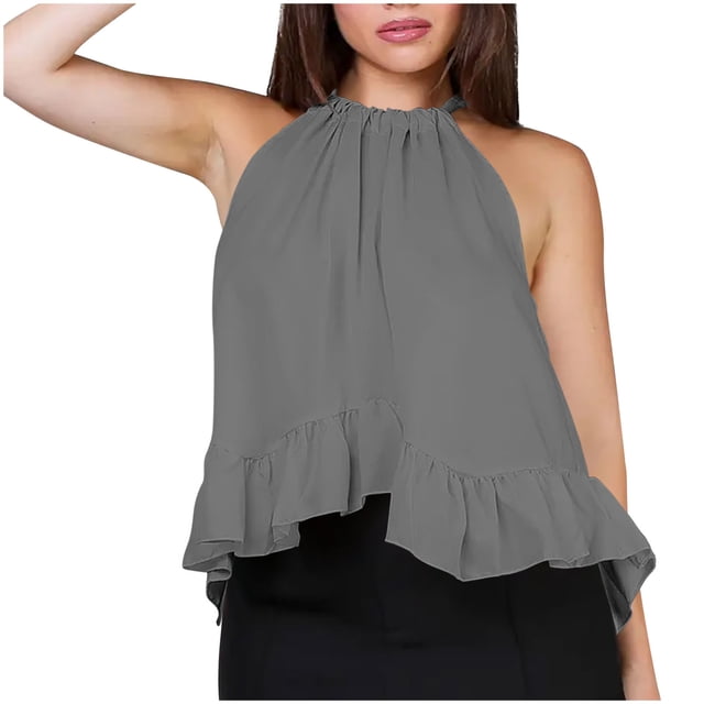 Sleeveless Top for Women, Non-Positioning Printed Loose Fit with Ruffle Hem and Halter Back Tie Design, Black S