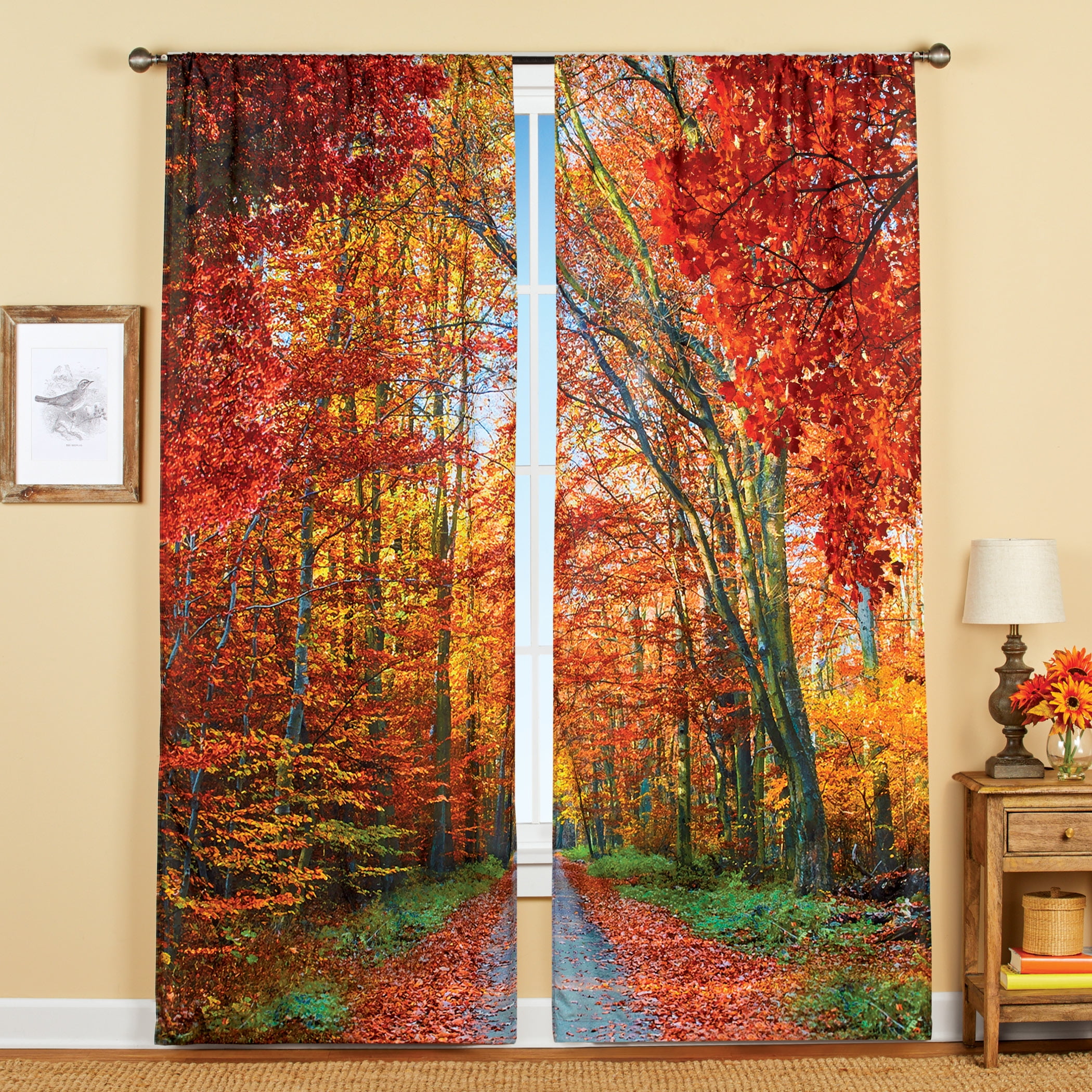 Autumn Trees Scenic Window Curtain Panel Set, Rod Pocket, Fall Foliage