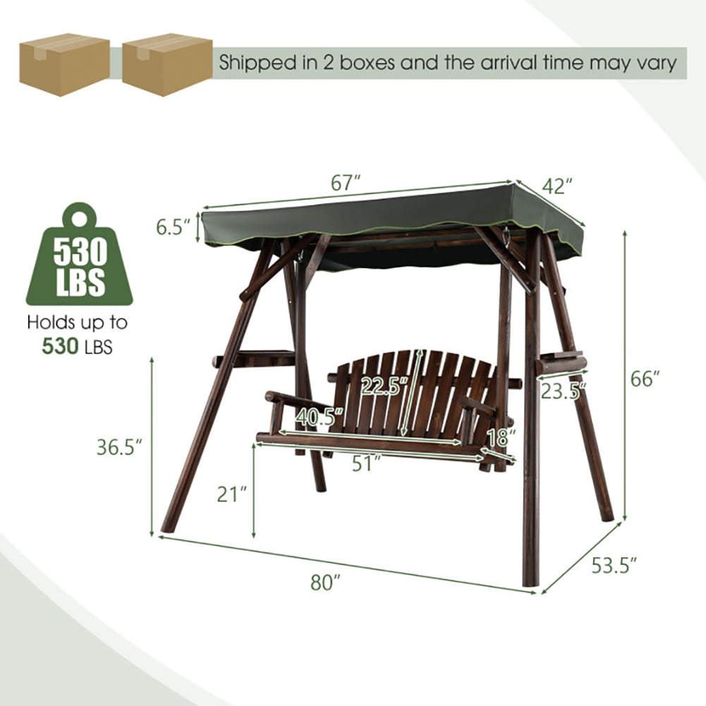 Aimee Lii 2-Person Outdoor Wooden Porch Swing with an Adjustable Canopy, Swing Chair Outdoor