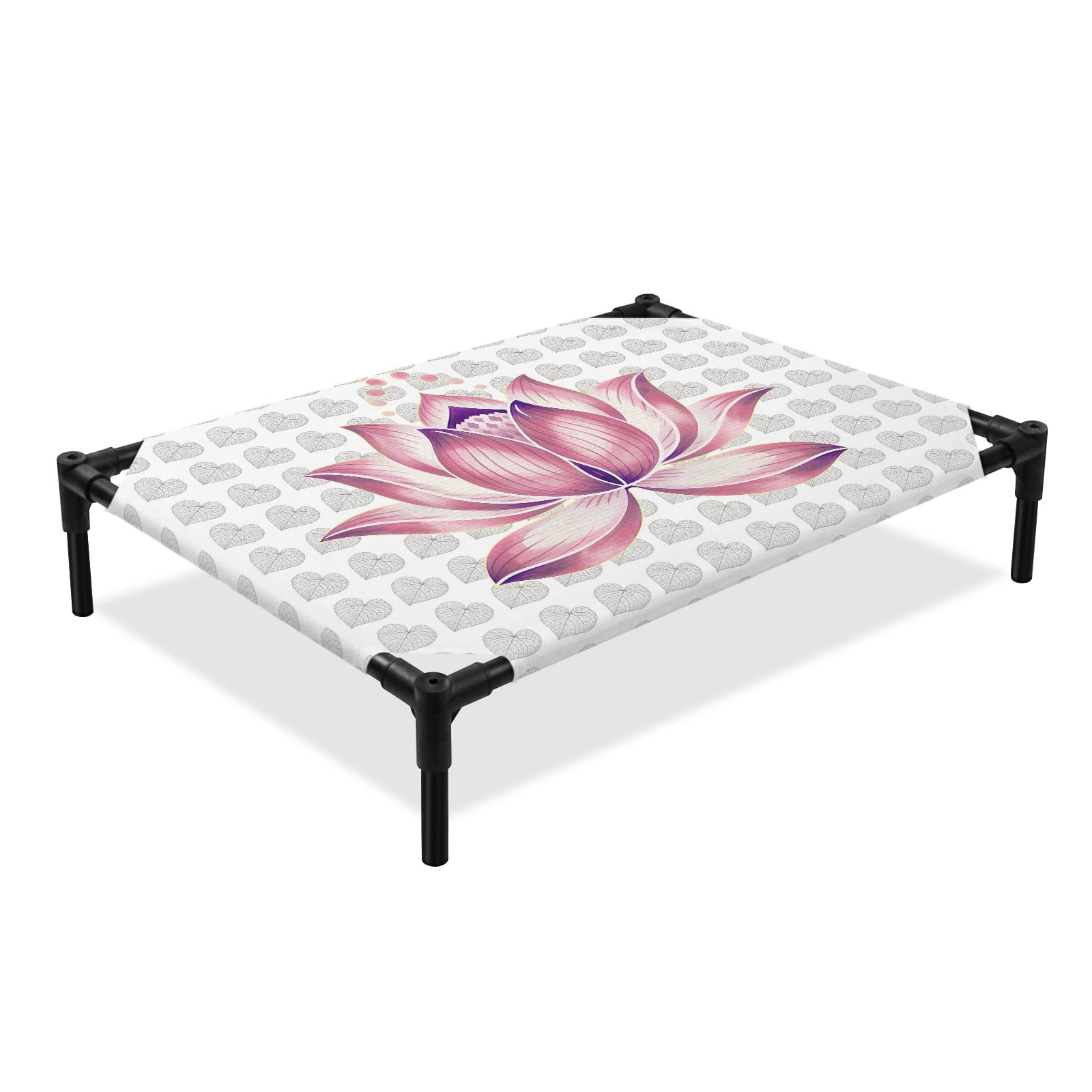 Lotus Flower Elevated Dog Bed Boho Modern Minimalist Pink Floral Gray Cooling Breathable Outdoor Raised Dog Cot Bed with Metal Frame Non-Slip Feet for Large Dog 28x22in