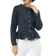 INSPIRE CHIC Women's Denim Jackets Button Down Peplum Hem Long Sleeves Cropped Jean Jackets Blue S