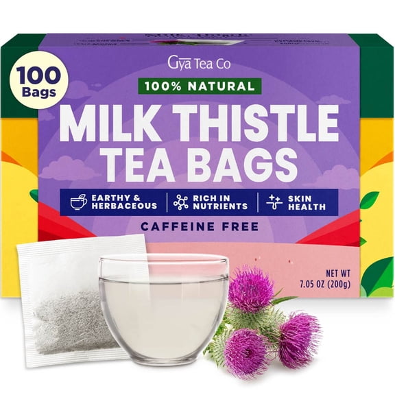 Gya Tea Co Milk Thistle Herbal Tea Bags (100 Bags) - Natural Decaf Tea Rich in Nutrients for Digestion Health & Wellness - Fruit & Herbal Blends