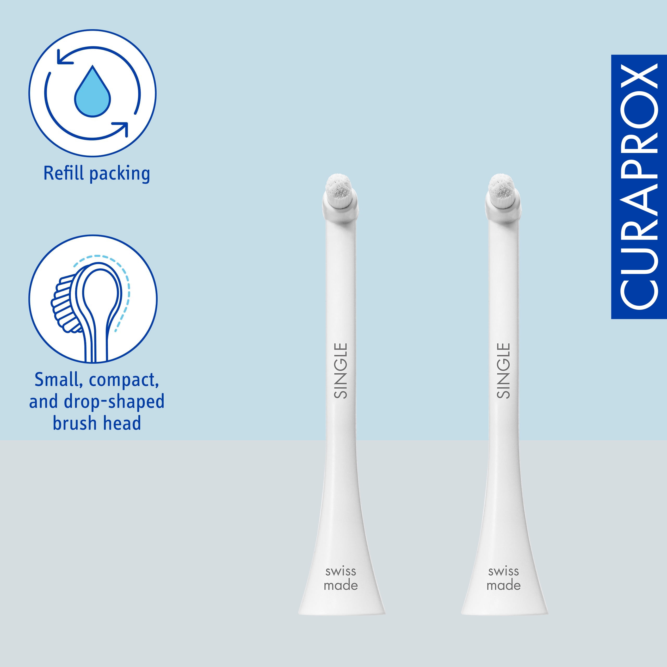 Curaprox Hydrosonic Single Duo Brush Heads, 2-Pack for Precision Cleaning Around Braces and Implants