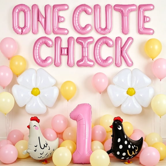 ONE CUTE CHICK Theme Party Balloon Decorations - Pink Yellow Cute Party Supplies Set