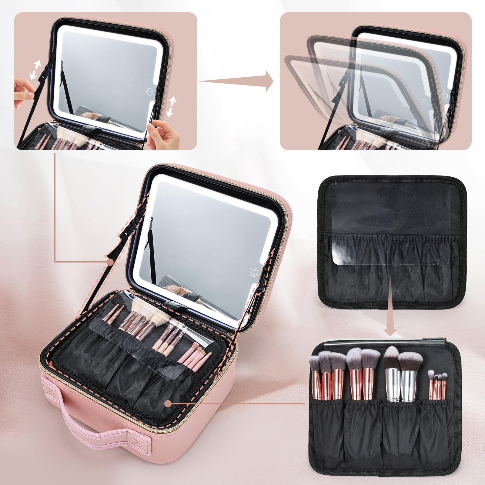 Makeup Bag with LED Mirror Travel Makeup Case Large Cosmetic Train Case with Brush Holder