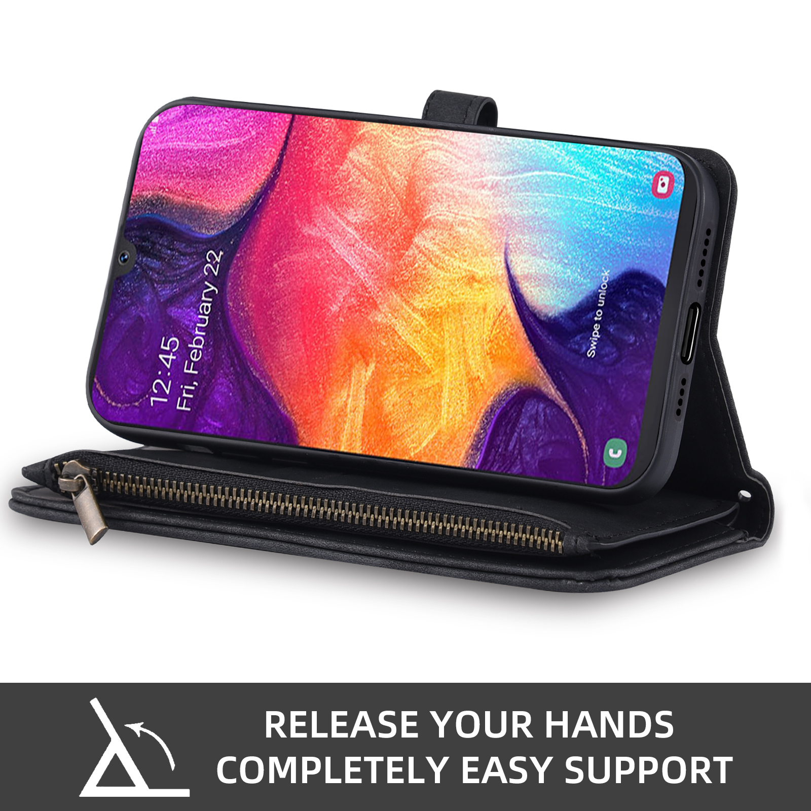 Asuwish Phone Case for Samsung Galaxy A50 A50S A30S Wallet Cover With Tempered Glass Screen Protector Crossbody Wrist Strap Flip Pattern Zipper Card Holder Cell A 50 50S 30S S50 50A SM A505G Black