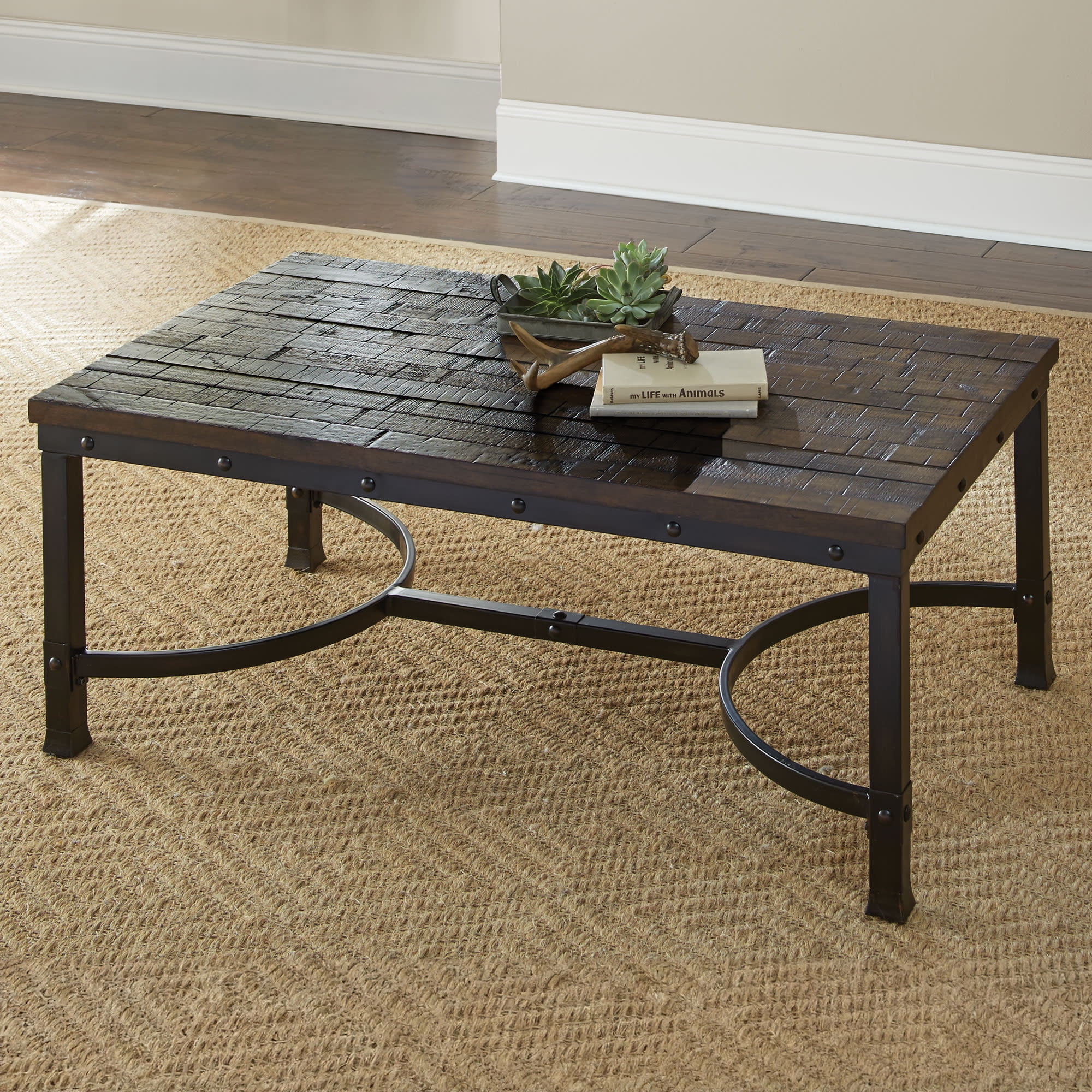 Steve Silver Ambrose Wood and Metal 48" Rectangle Coffee Table, Rustic Brown
